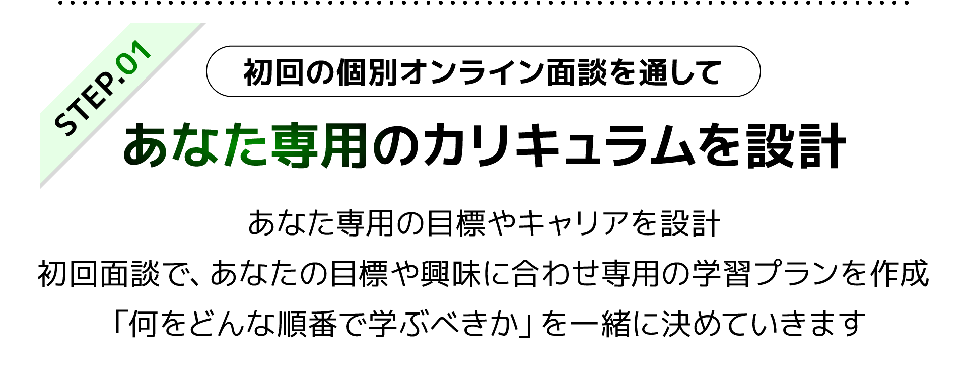 STEP1 初回の個別オンライン面談を通してあなた専用のカリキュラムを設計|あなた専用の目標やキャリアを設計。初回面談で、あなたの目標や興味に合わせ専用の学習プランを作成。「何をどんな順番で学ぶべきか」を一緒に決めていきます。