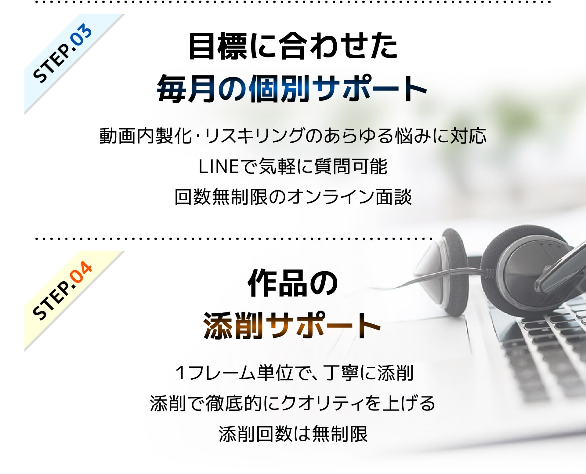 STEP3 目標に合わせた毎月の個別サポート|動画内製化・リスキリングのあらゆる悩みに対応!LINEで気軽に質問可能!回数無制限のオンライン面談|STEP4 作品の添削サポート|1フレーム単位で、丁寧に添削!添削で徹底的にクオリティを上げる!添削回数は無制限